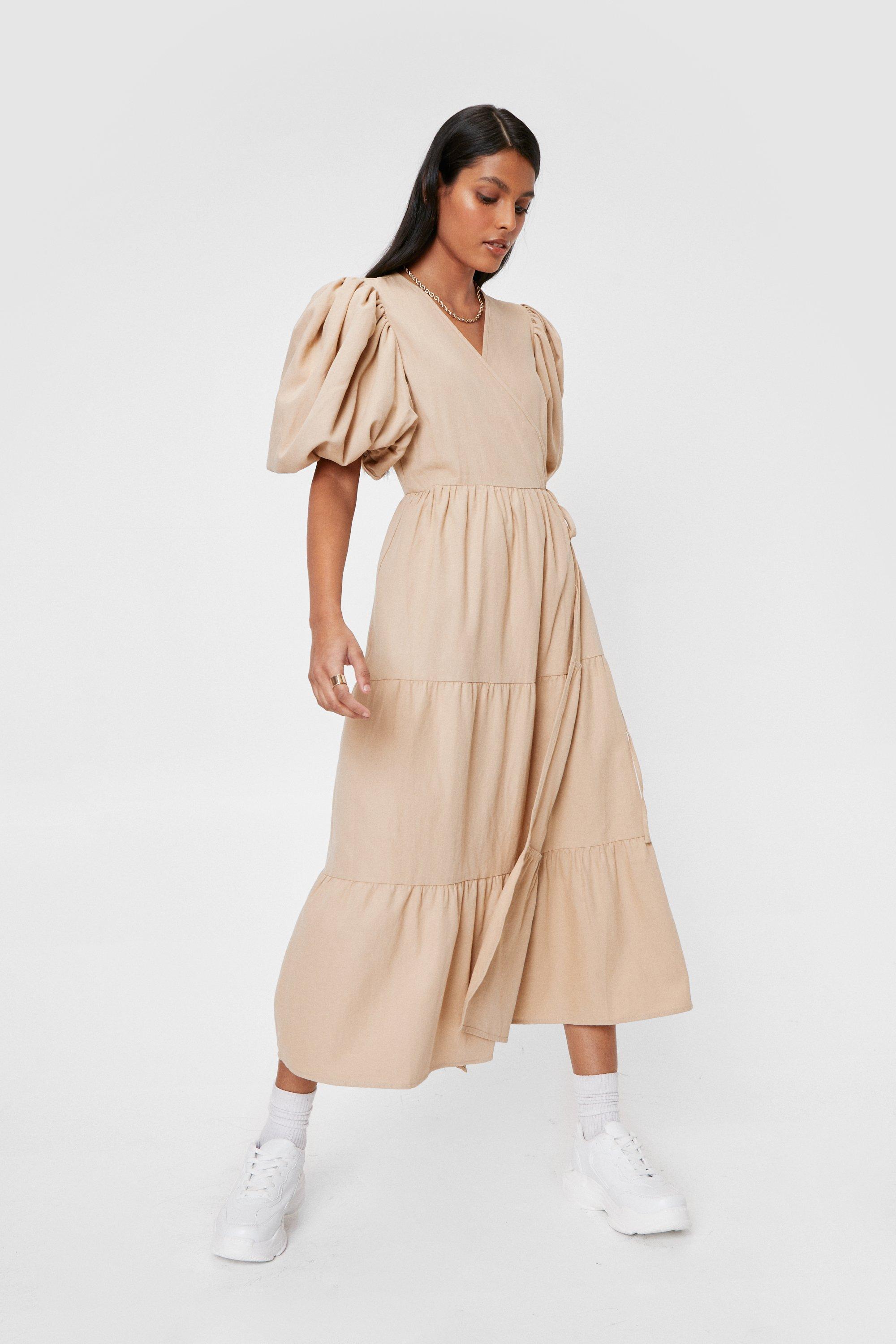 Linen Look Puff Sleeve Wrap Midi Dress | Nasty Gal